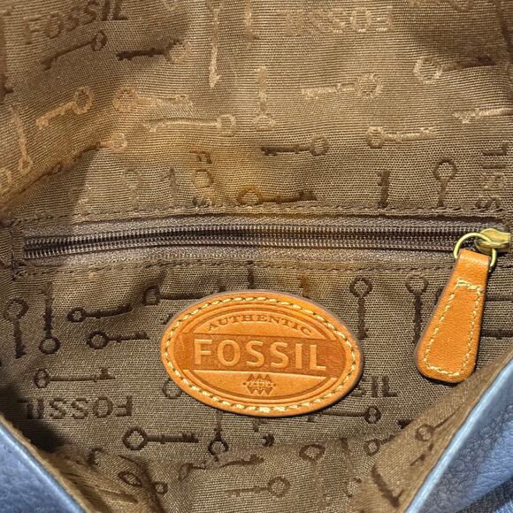 Fossil Blue Pebbled Leather Crossbody Bag Brown Trim Vintage Style - Picture 9 of 15